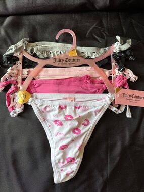 New Juicy Couture Pink White Lip-Print Black Gray Thong Bottoms - 5 Pack Size L